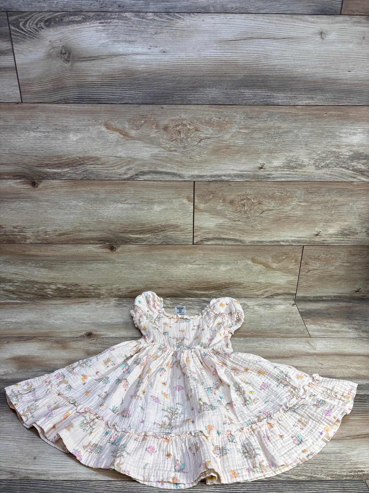 Flat lay of Bonnie Jean smocked gauze toddler dress 3T with smocked bodice, puff sleeves and floral print