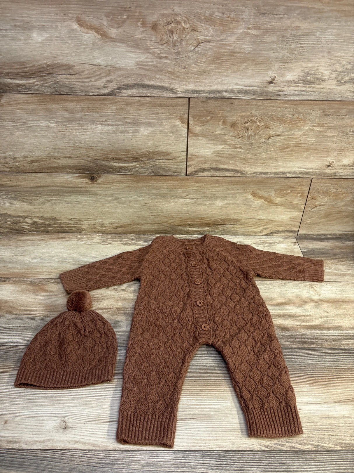 Shein 2pc Cable Knit Sweater Coverall & Hat Set Brown sz 6-9m