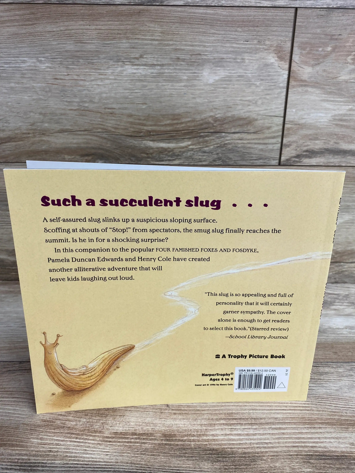 Back cover of Such a Succulent Slug Trophy picture book showcasing slug illustration and book synopsis on wood plank floor