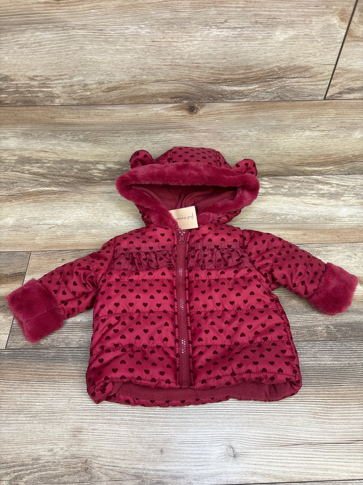 NEW First Impressions Fur Trim Heart Print Puffer Jacket Red sz 3-6m