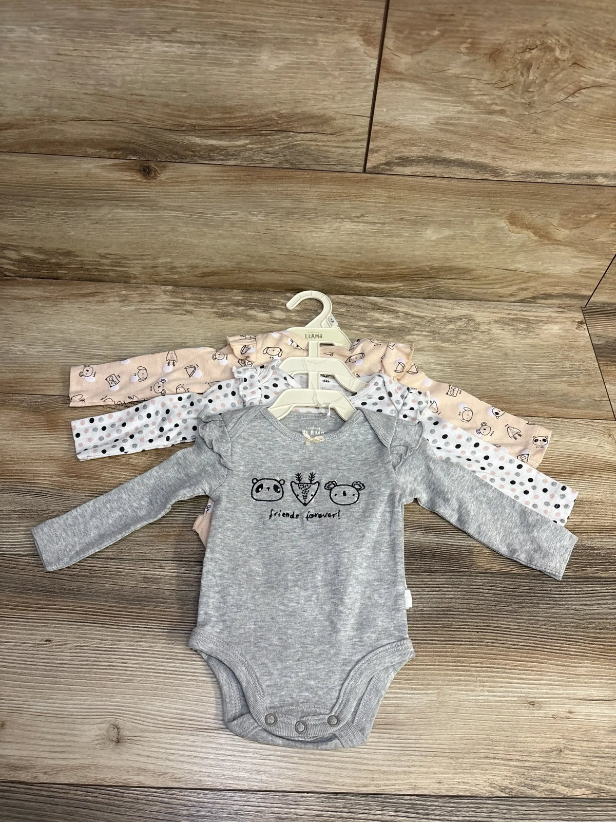 Front view of Friends Forever 3pc baby bodysuit set showcasing gray bodysuit with friends forever text on wooden floor