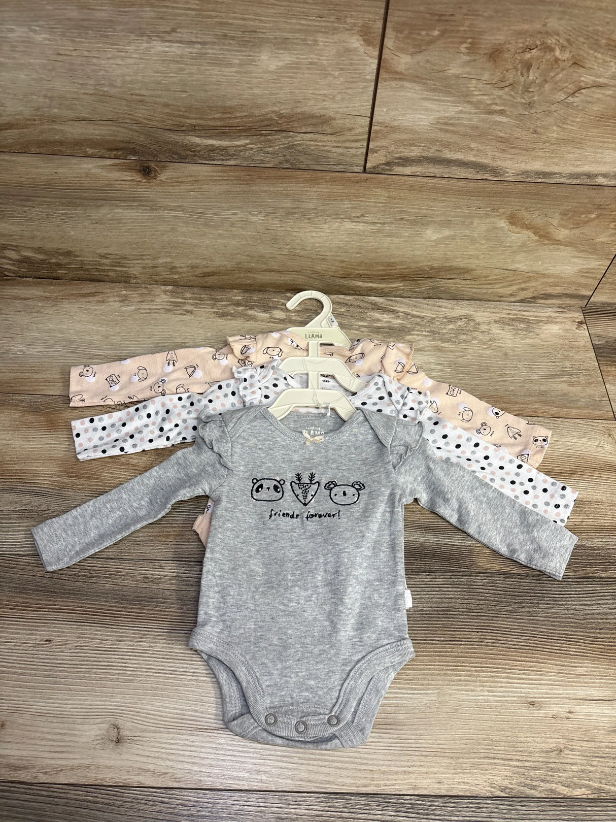 Front view of Friends Forever 3pc baby bodysuit set showcasing gray bodysuit with friends forever text on wooden floor