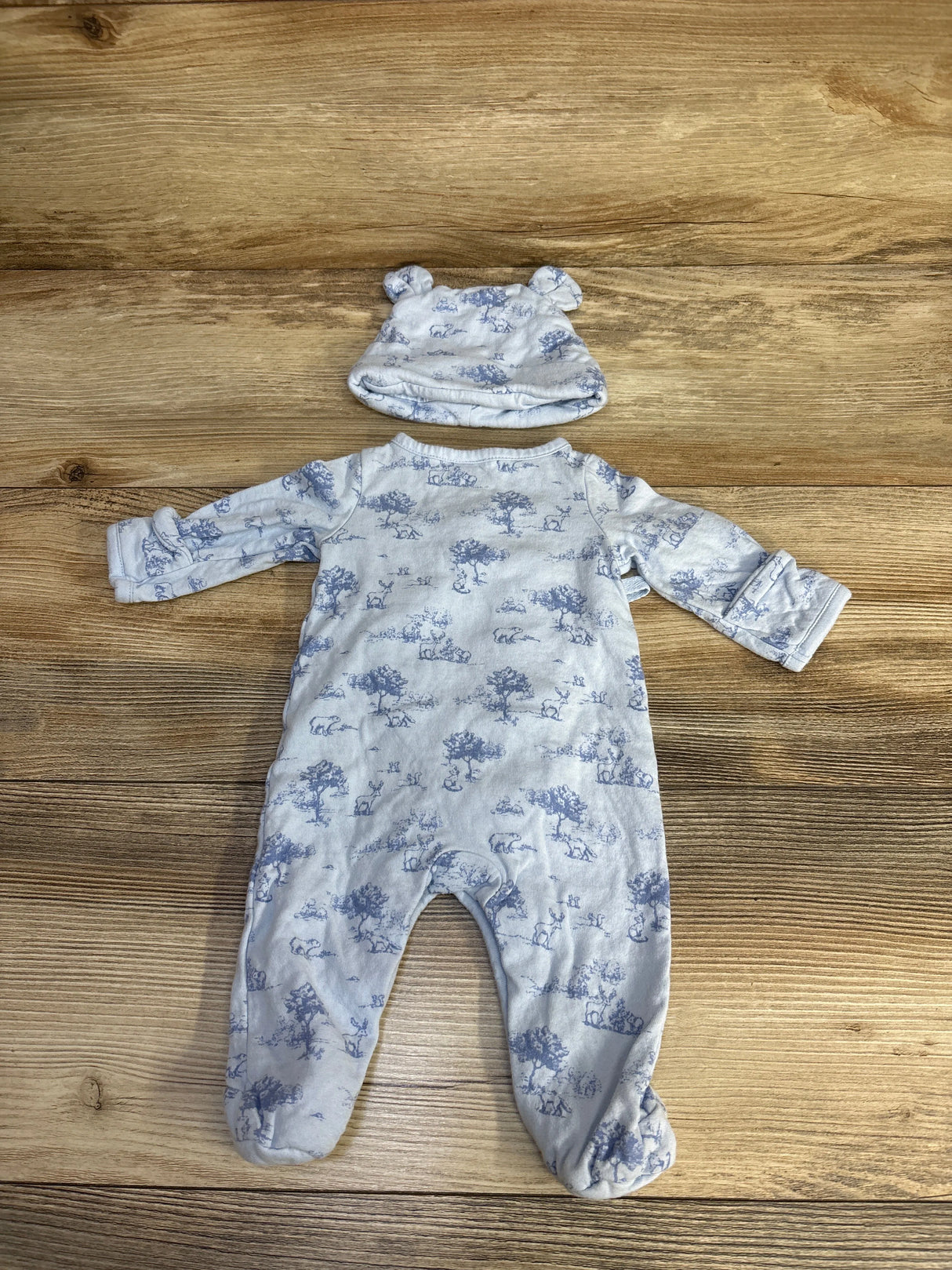 Janie & Jack Bear Toile Wrap Footed Romper and Matching Hat Blue sz Newborn