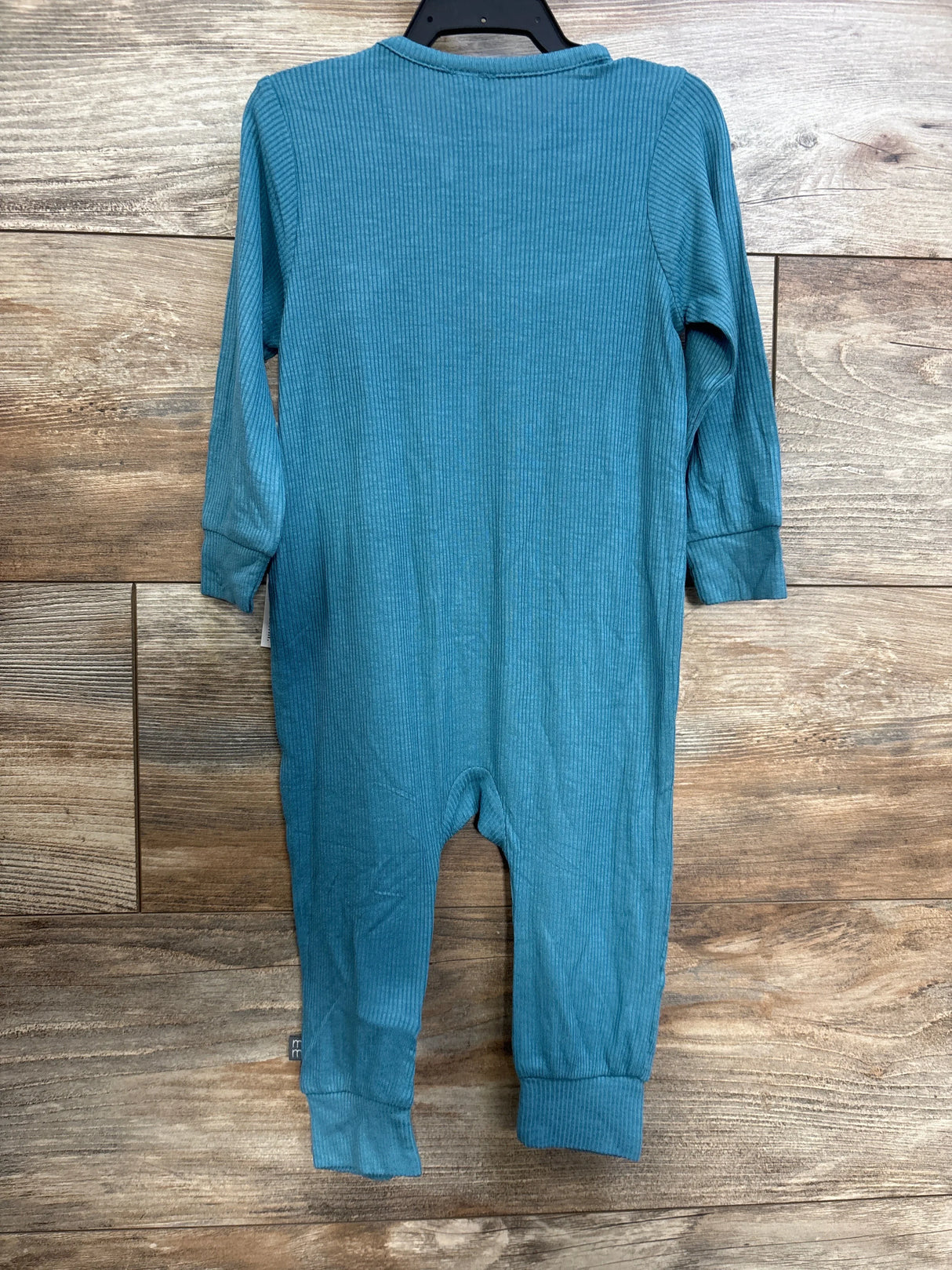 Back view of Modern Moments footless sleeper, blue 12M, ribbed fabric with long sleeves and cuffed ankles on wood