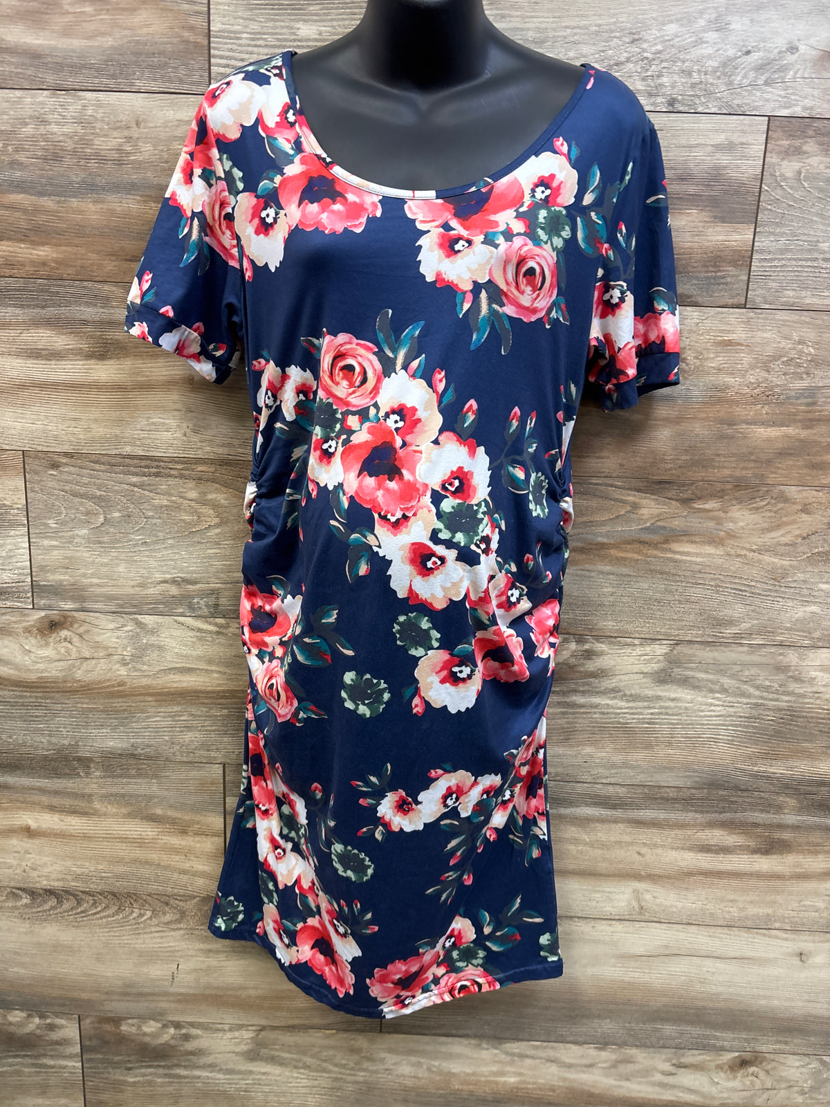 Musidora Maternity Floral Ruched Short-Sleeve Bodycon Dress Navy sz XL