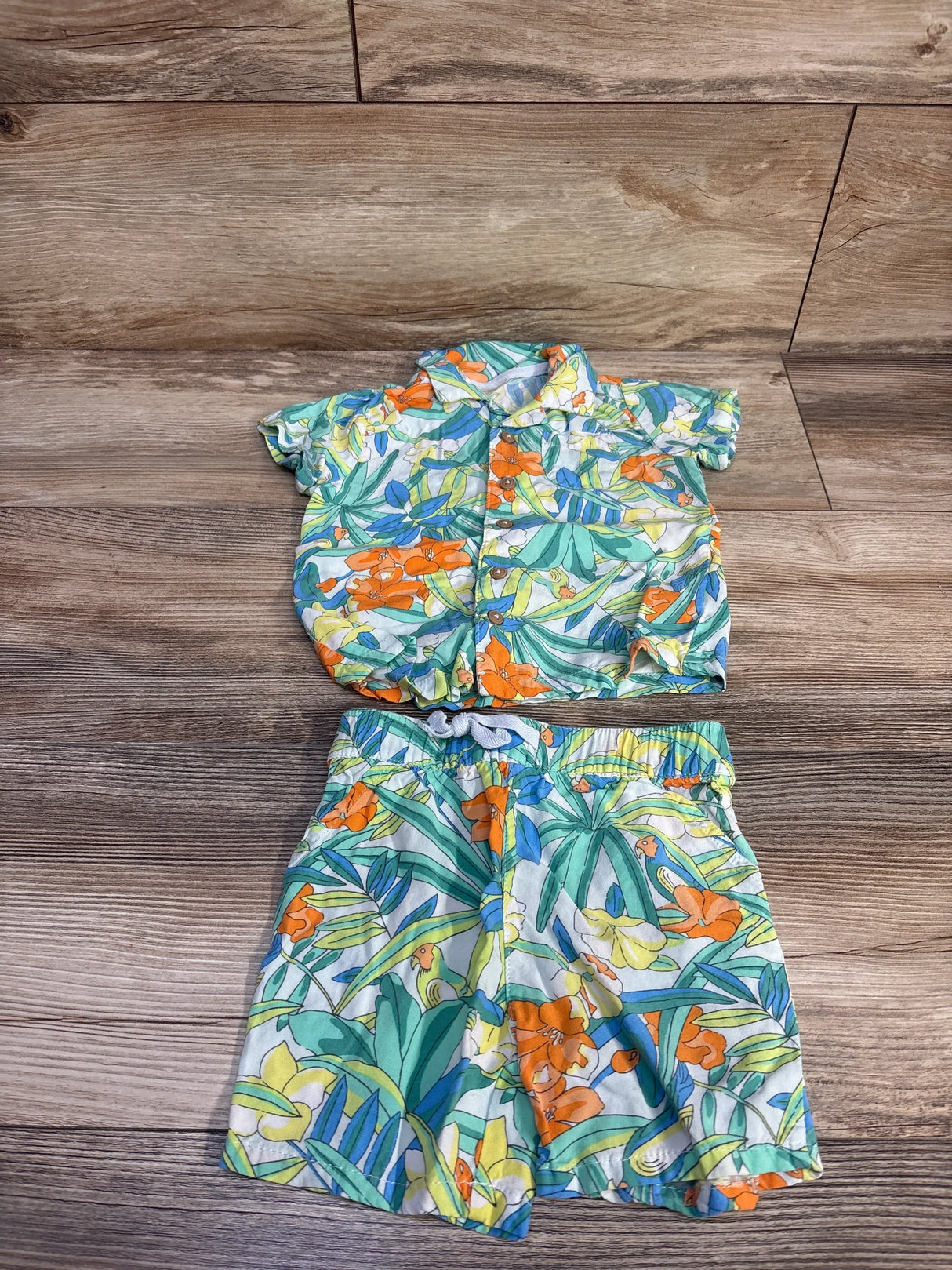 First Impressions 2pc Button Up Shirt & Shorts Set Green sz 6-9m