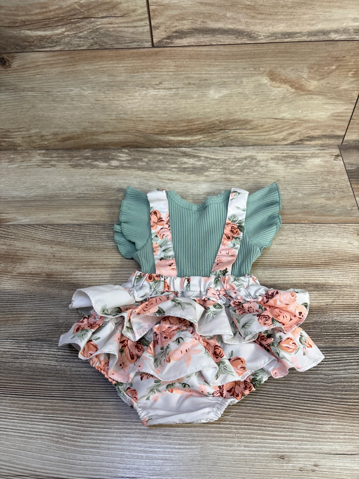 Yccutest Ribbed Floral Faux Suspender Skirted Romper Green sz 6-9m