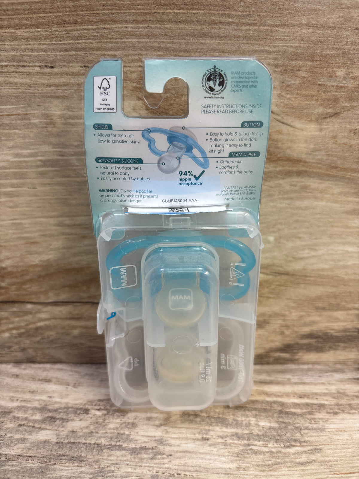 NEW MAM Air Night 2pk Pacifiers, Glow-in-the-Dark Blue/Clear 6-16m