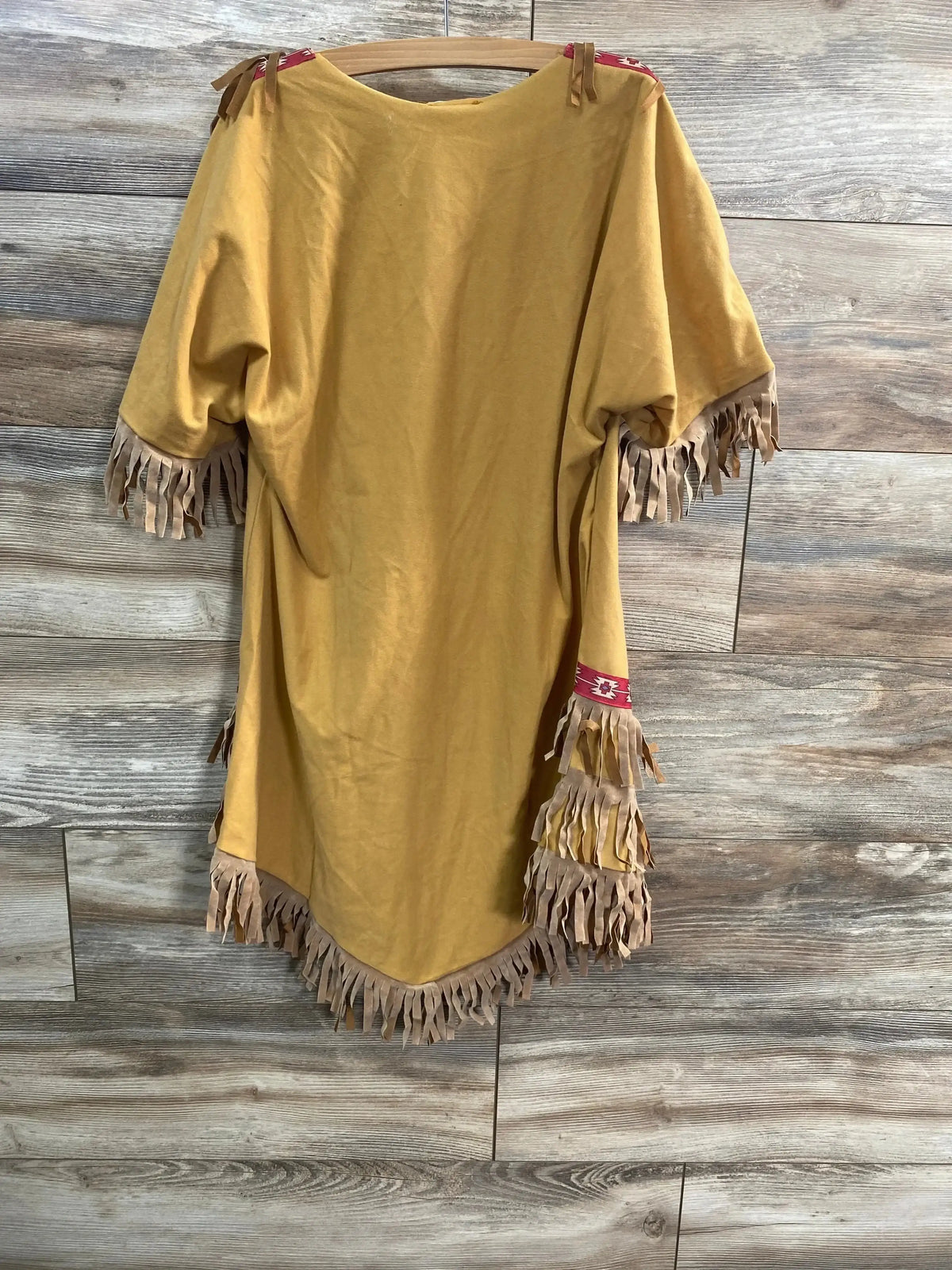 Back view of American Indian Princess costume size 10-12 with fringe trim and red patterned sleeve on wood background