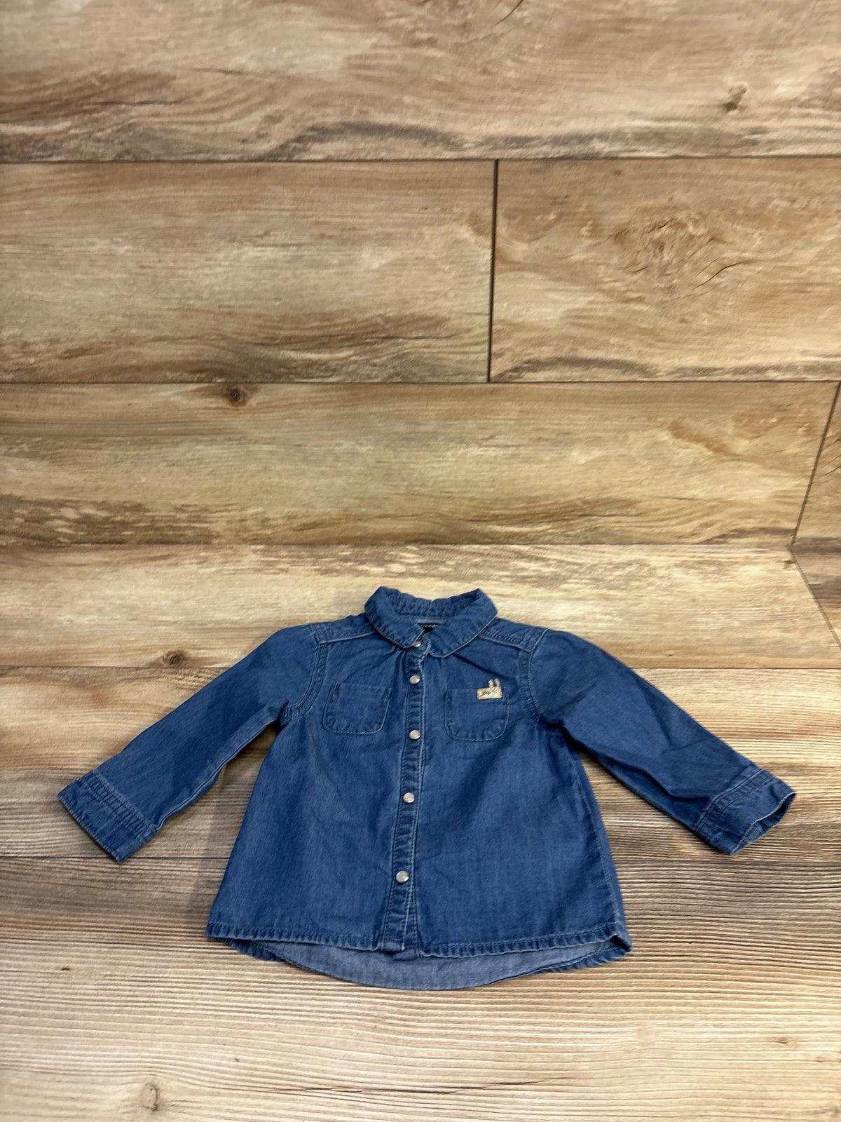 Front view of chambray long-sleeve shirt, size 12M, showing chest pockets and snap buttons on wood background