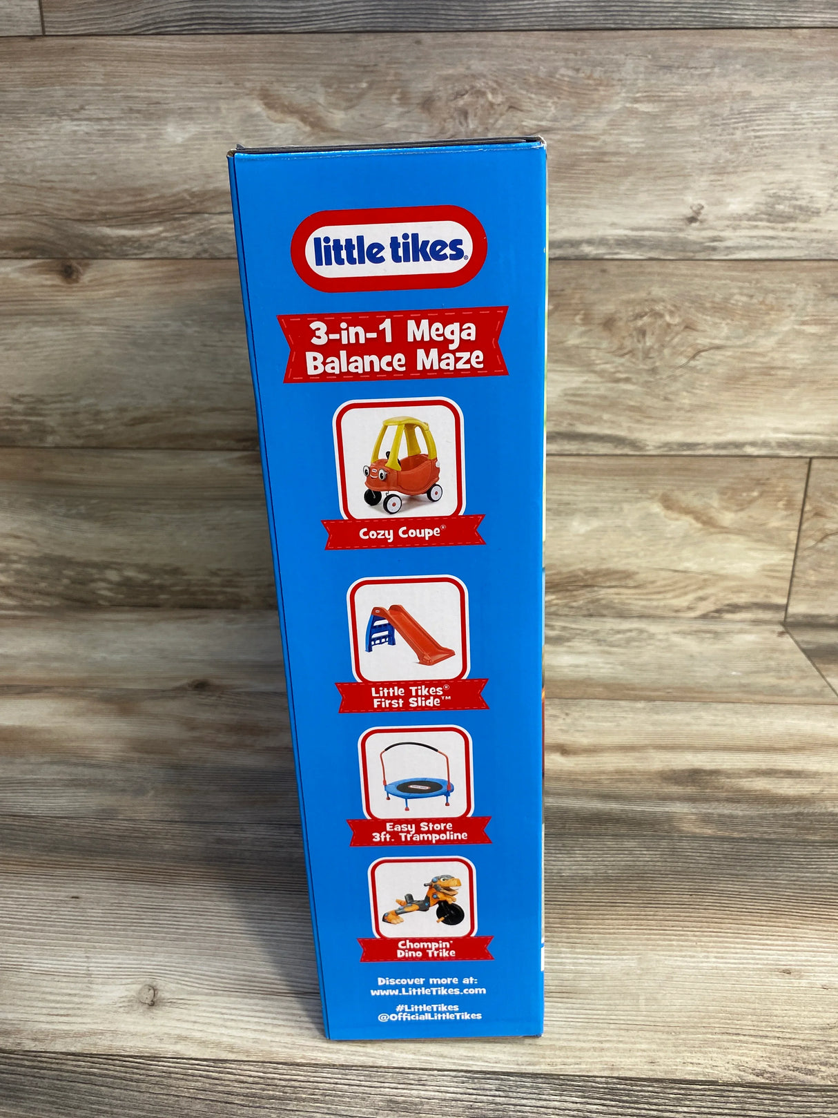 Little Tikes 3-in-1 Mega Balance Maze toy box with Cozy Coupe, slide, trampoline, trike images