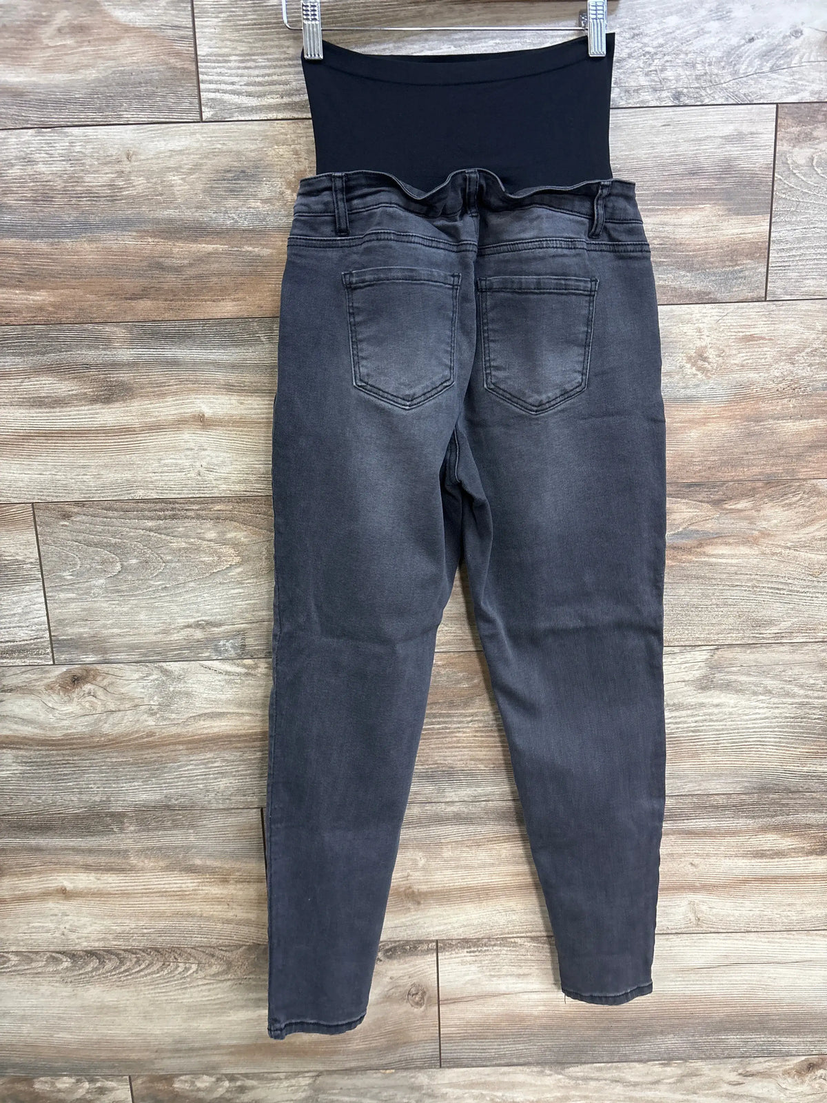 Rear view of Time & Tru grey maternity jeans, size Medium (8-10), showcasing the over-belly panel and two back pockets
