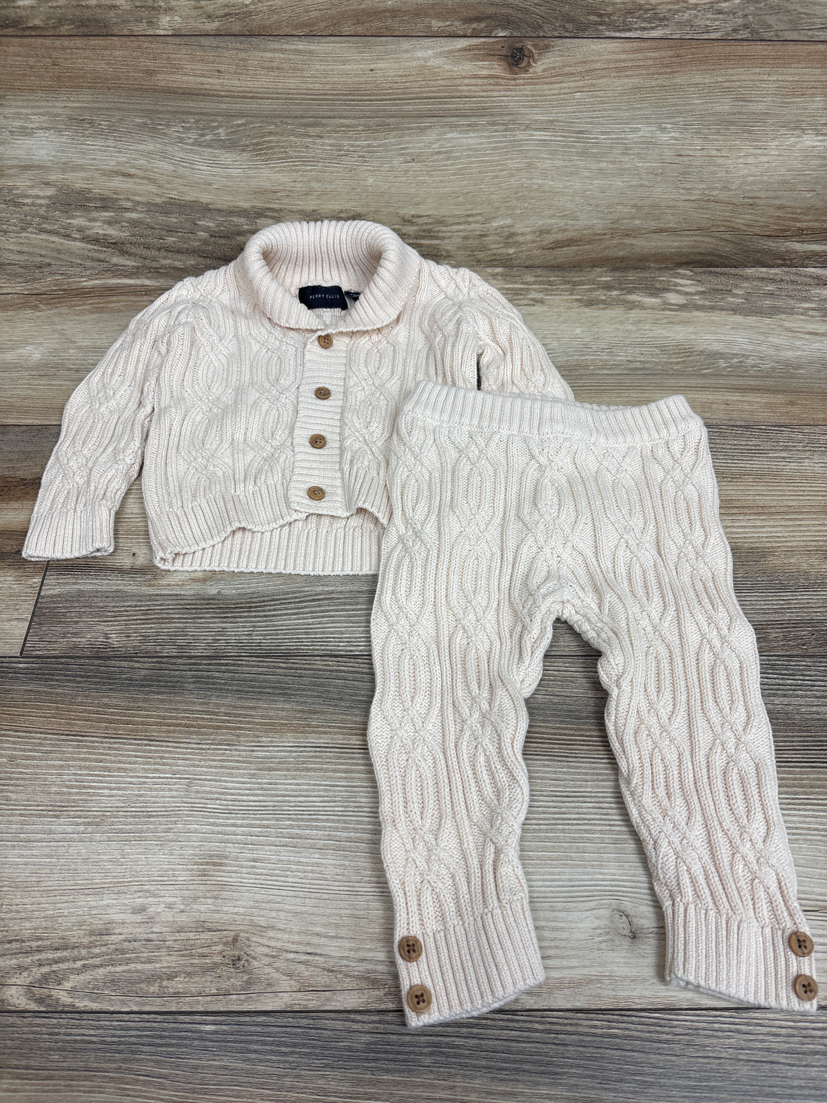 Perry Ellis 2pc Knit Button-Up Sweater & Pants Set Ivory sz 6/9m