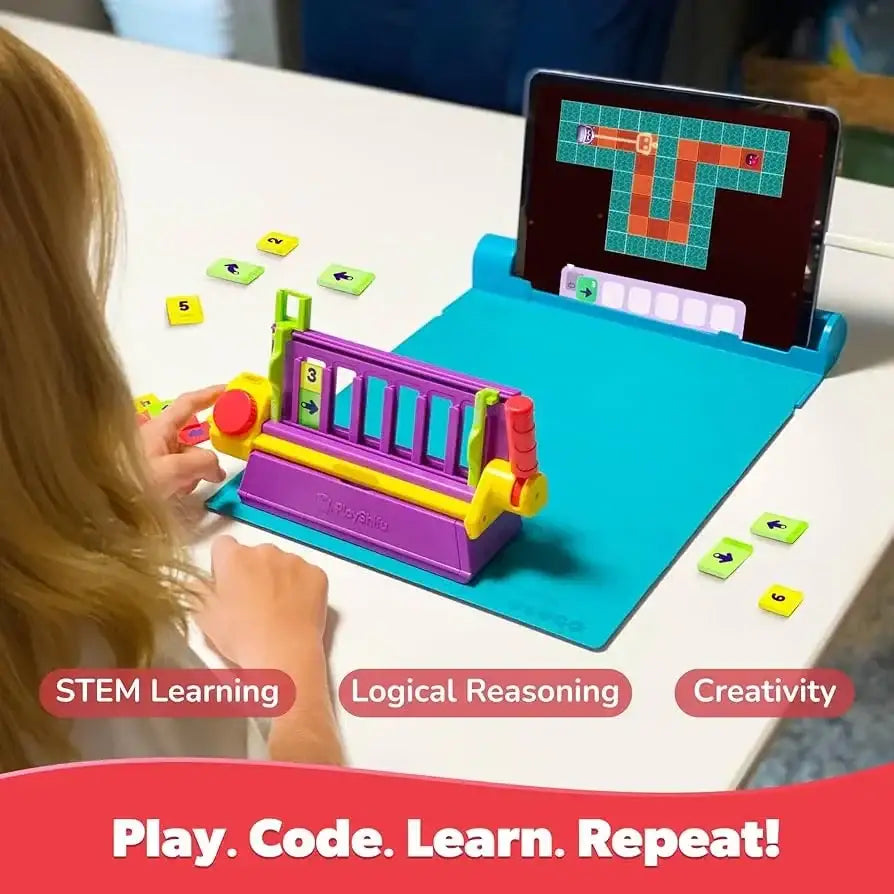 Angled view of PlayShifu Plugo Coding Kit with colorful coding blocks and tablet maze game, overlay Play. Code. Learn. Repeat!