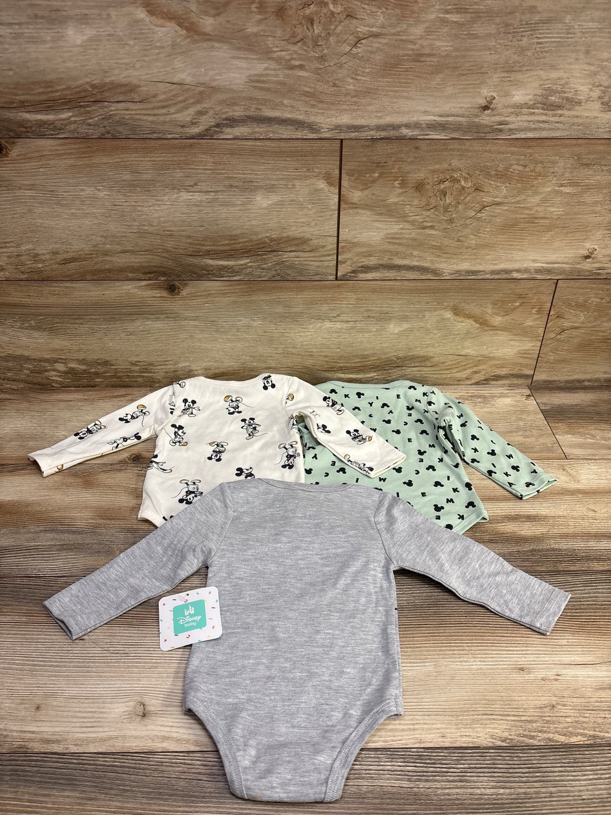 NEW Disney Baby 3pk Mickey Mouse Long Sleeve Bodysuits Grey sz 6/9m