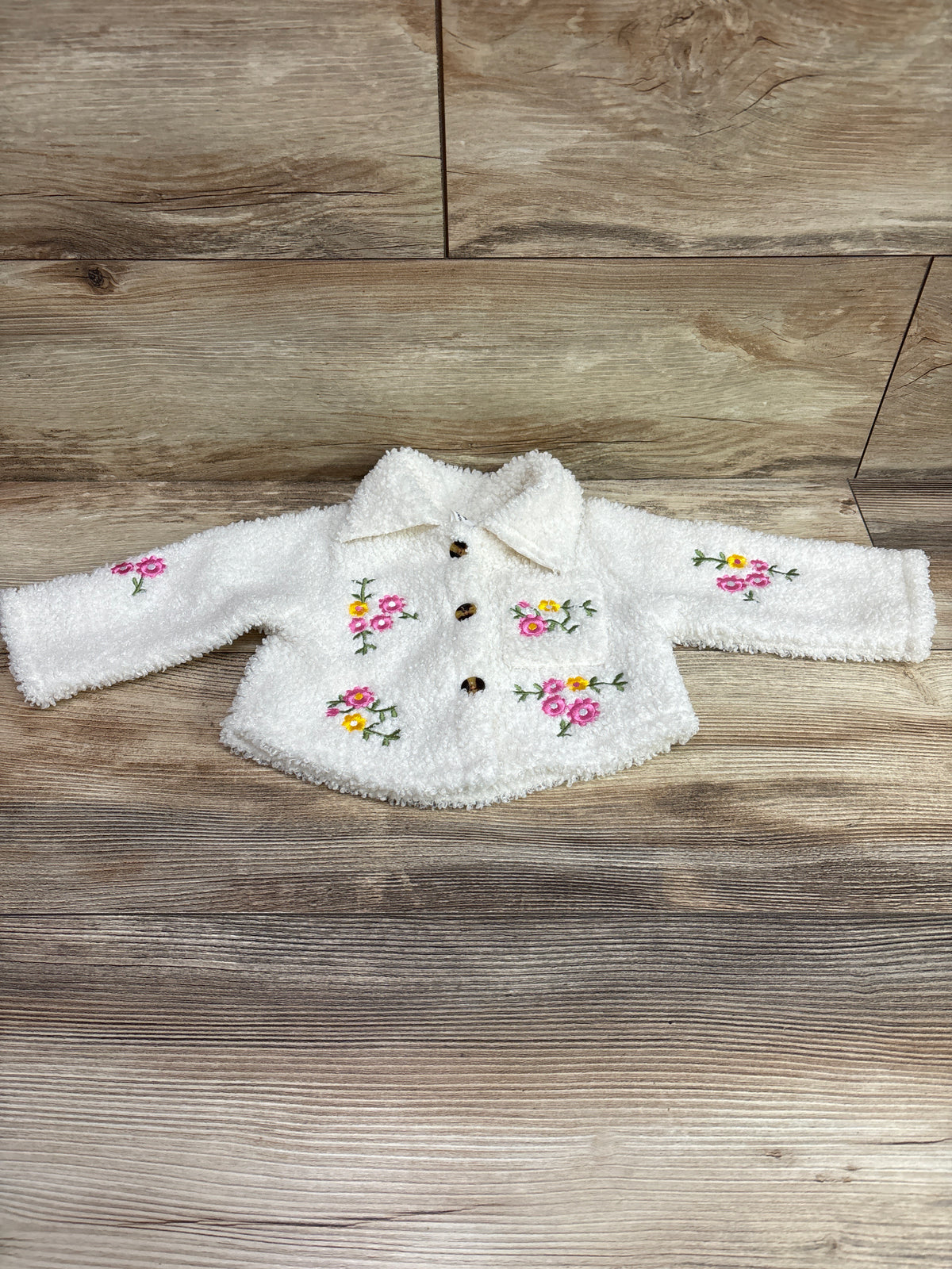 Shein Embroidered Sherpa Button-Up Jacket Ivory sz 3-6m