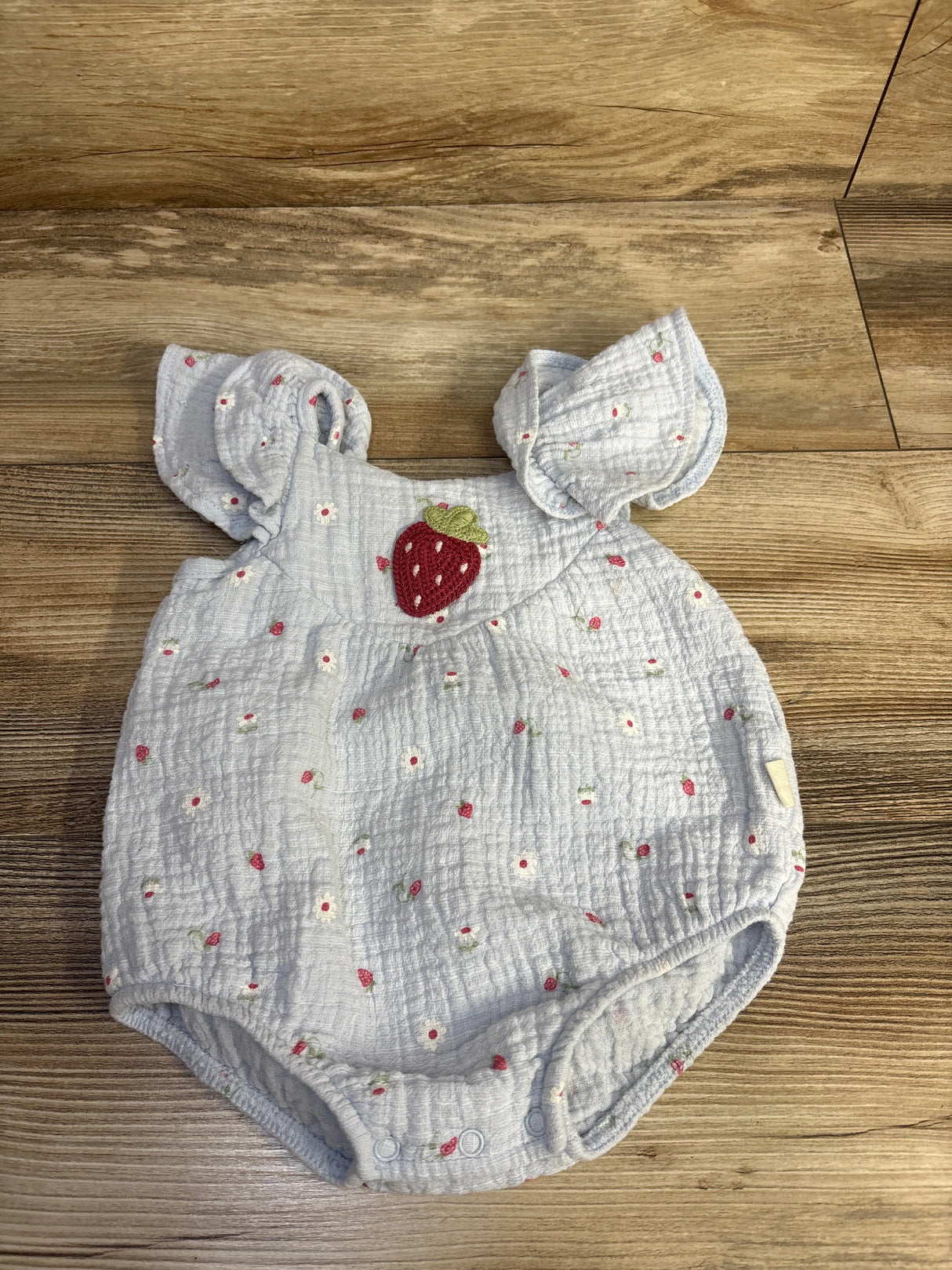 Rabbit + Bear Organic Embroidered Strawberry Bubble Romper Blue sz 6-9m