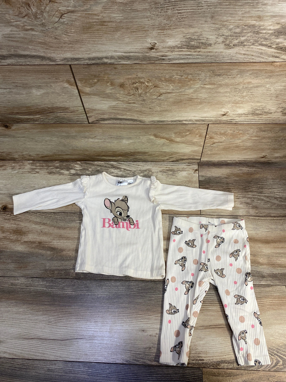 H&M x Disney 2pc Ribbed Ruffled Bambi Shirt & Pants Set Ivory sz 9m