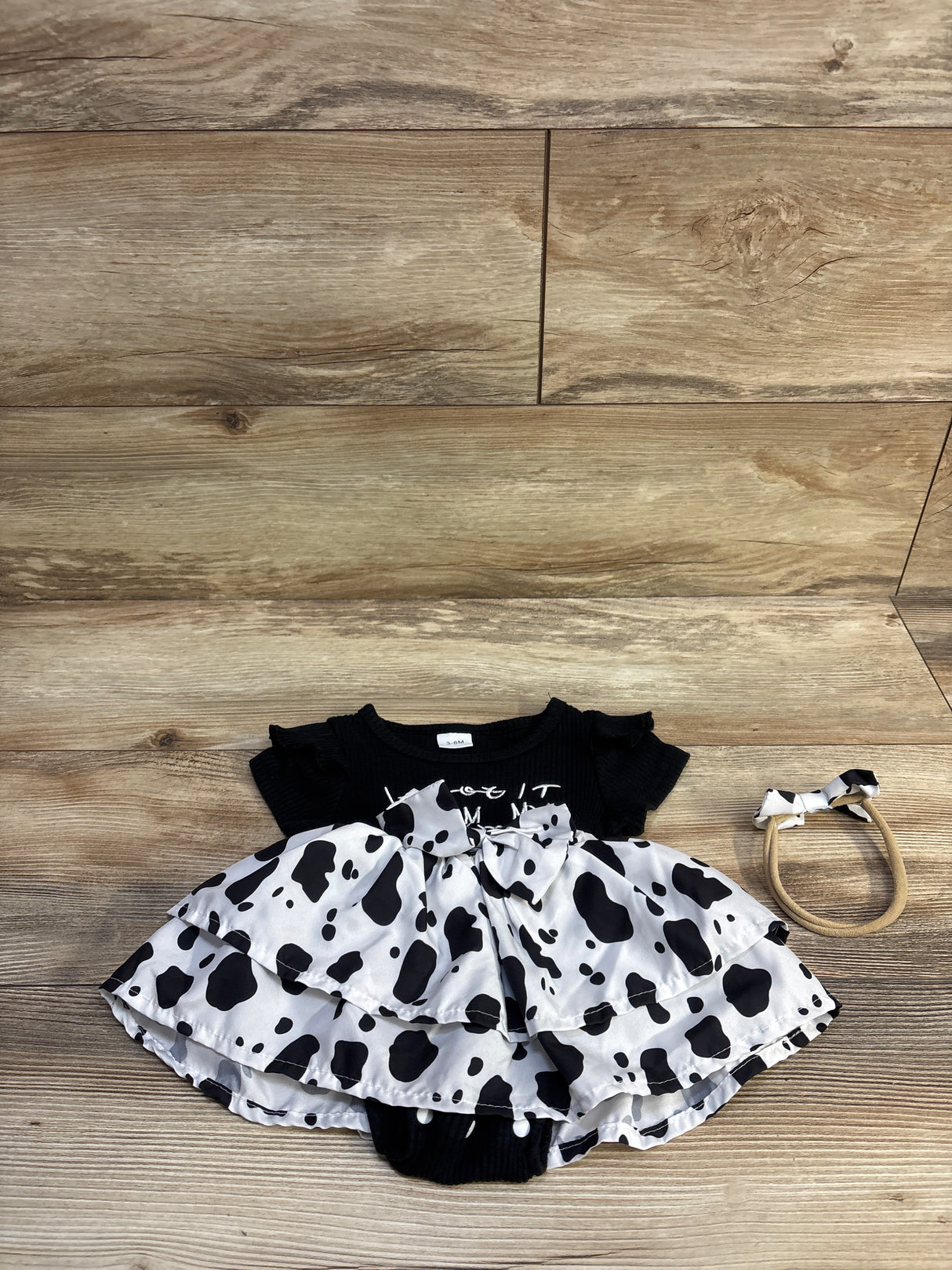 I Got It From My Mama 2pc Cow Print Bodysuit Dress & Headband Black sz 3-6m