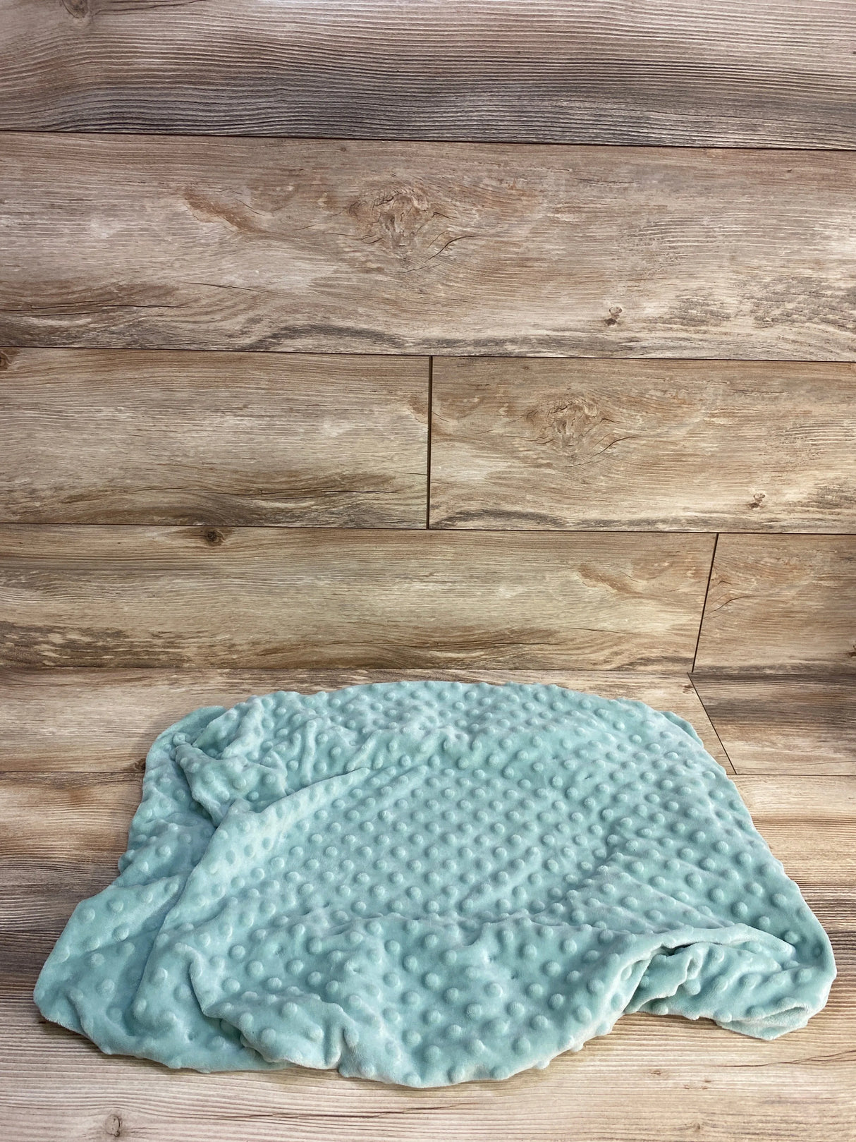 Light blue minky dot blanket on rustic wooden floor background