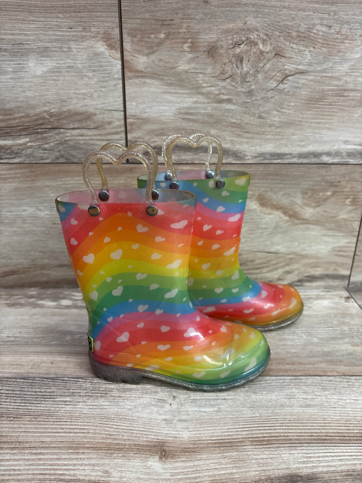 Western Chief Kids Light-Up Rain Boots Rainbow Hearts sz 10c