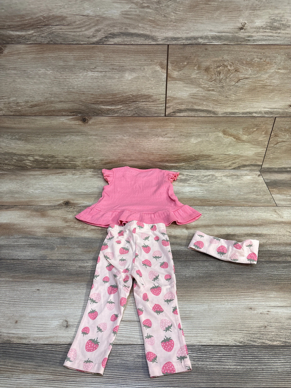 Chick Pea 3pc Strawberry Pointelle Top, Pants, & Headband Set Pink sz 3/6m