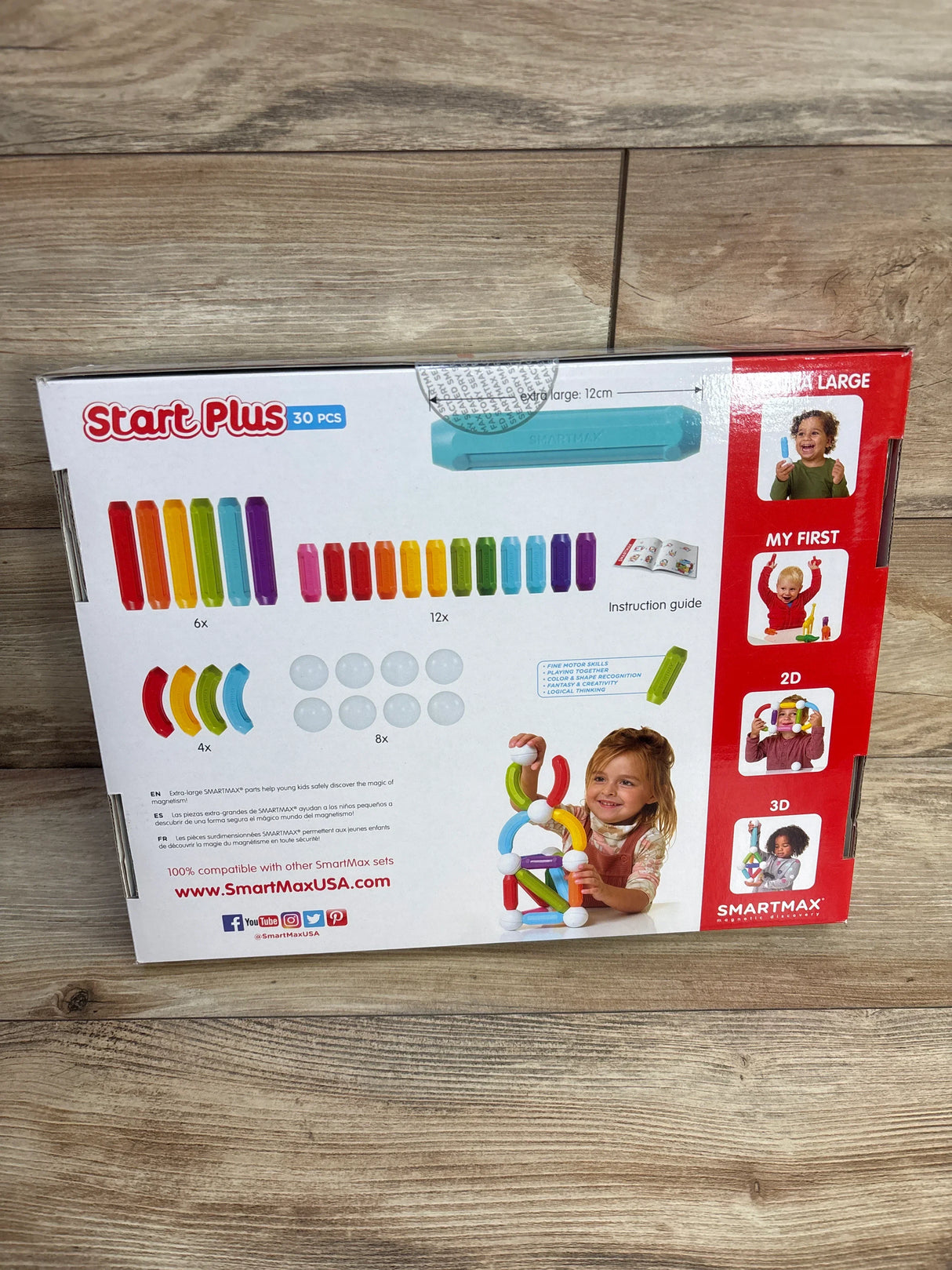 SmartMax Start Plus magnetic building toy set box with colorful magnetic bars and child playing