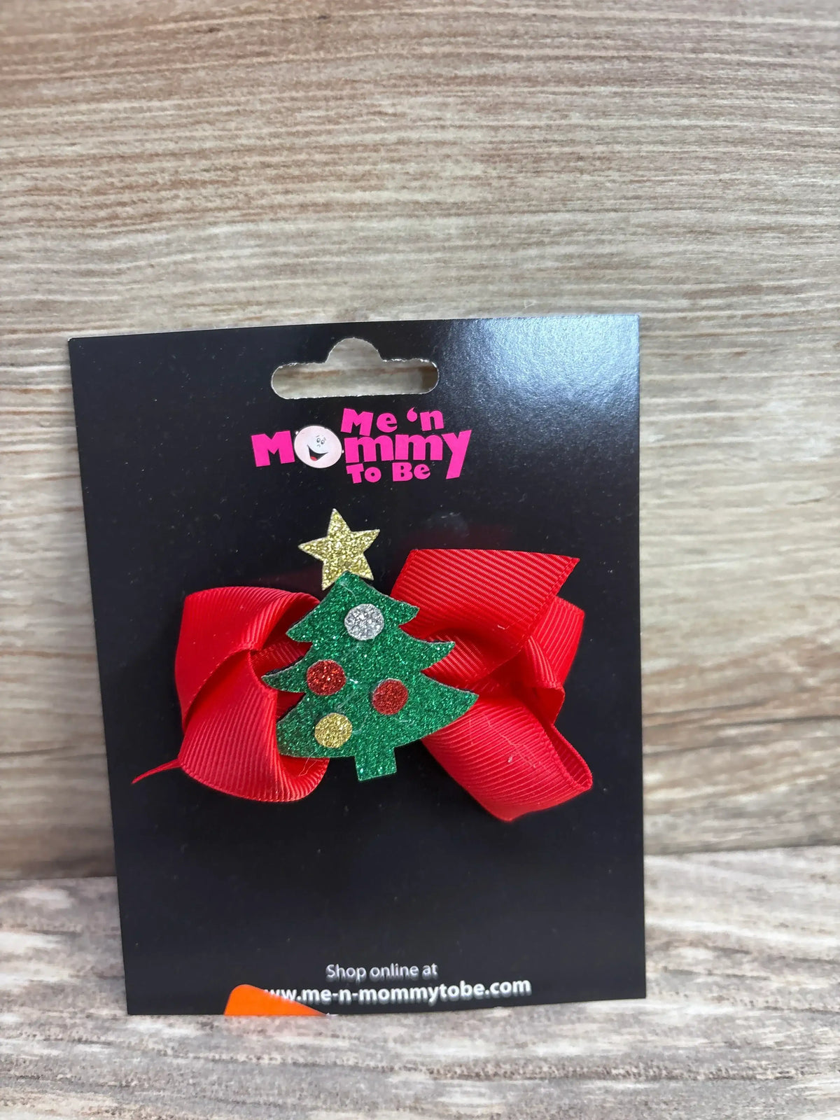 Red ribbon bow with glitter Christmas tree and star, kids holiday hair accessory