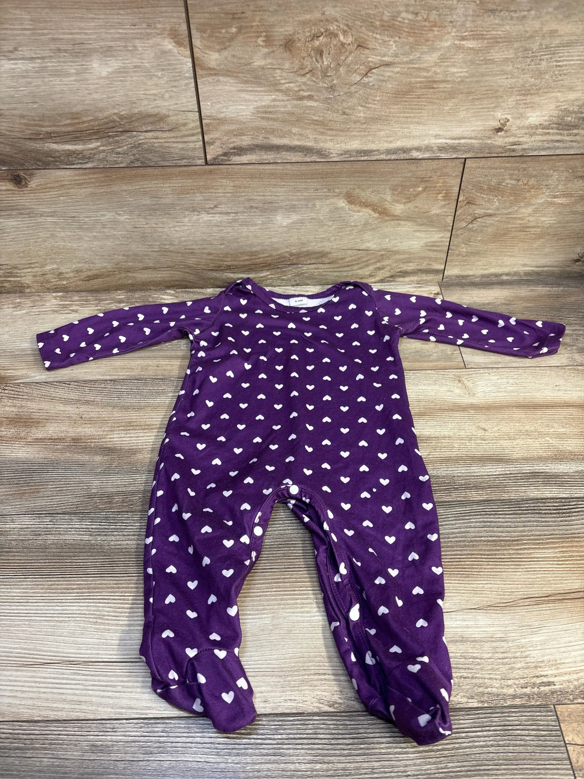 Purple footed coverall with white heart print by Me n Mommy To Be, size 6-9m