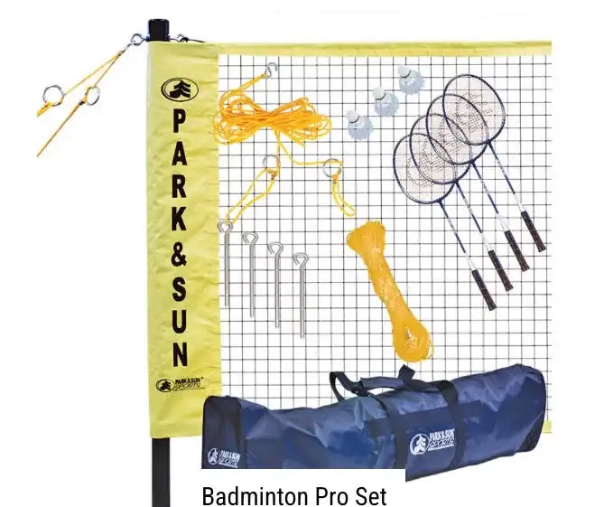 Front view of Badminton Pro Set showcasing four racquets, shuttlecocks, net, poles, stakes, and carry bag on white background