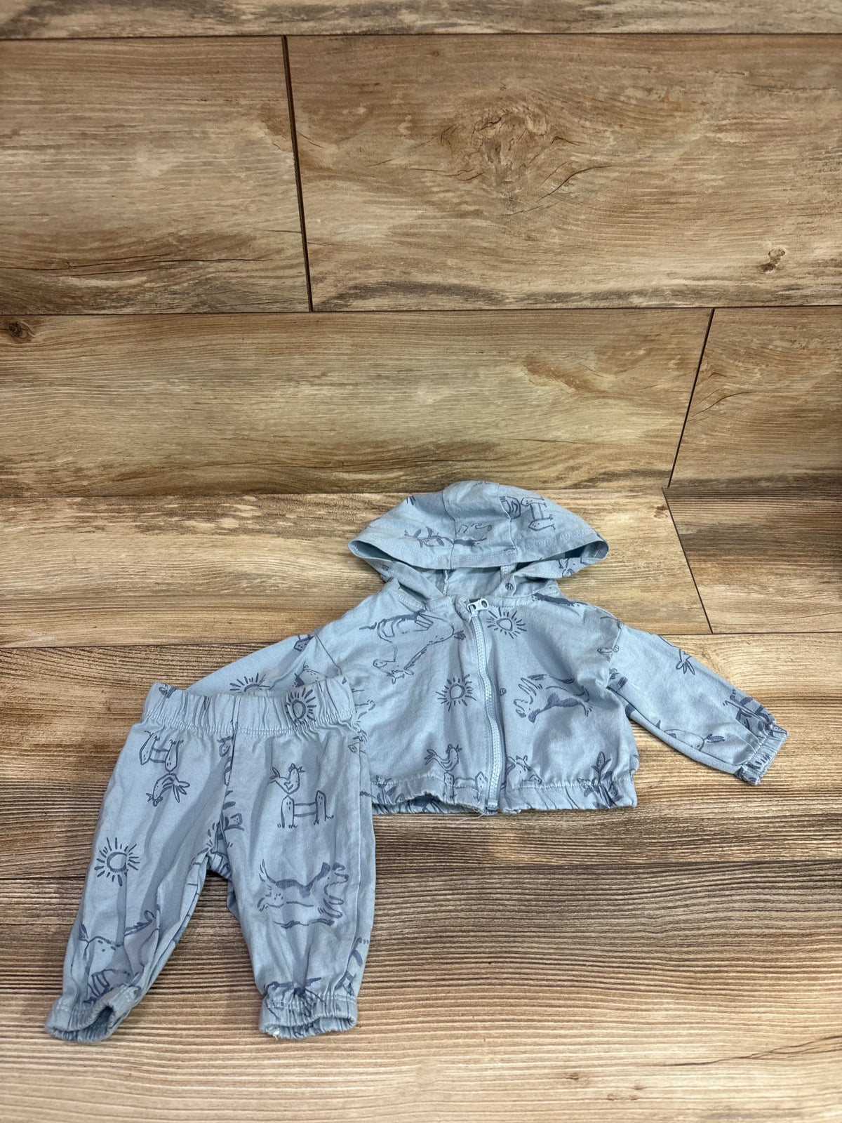 Top view of Carter’s blue newborn 2-piece zip-up jacket and pants set showcasing animal print, hood, and front zipper on a wood surface