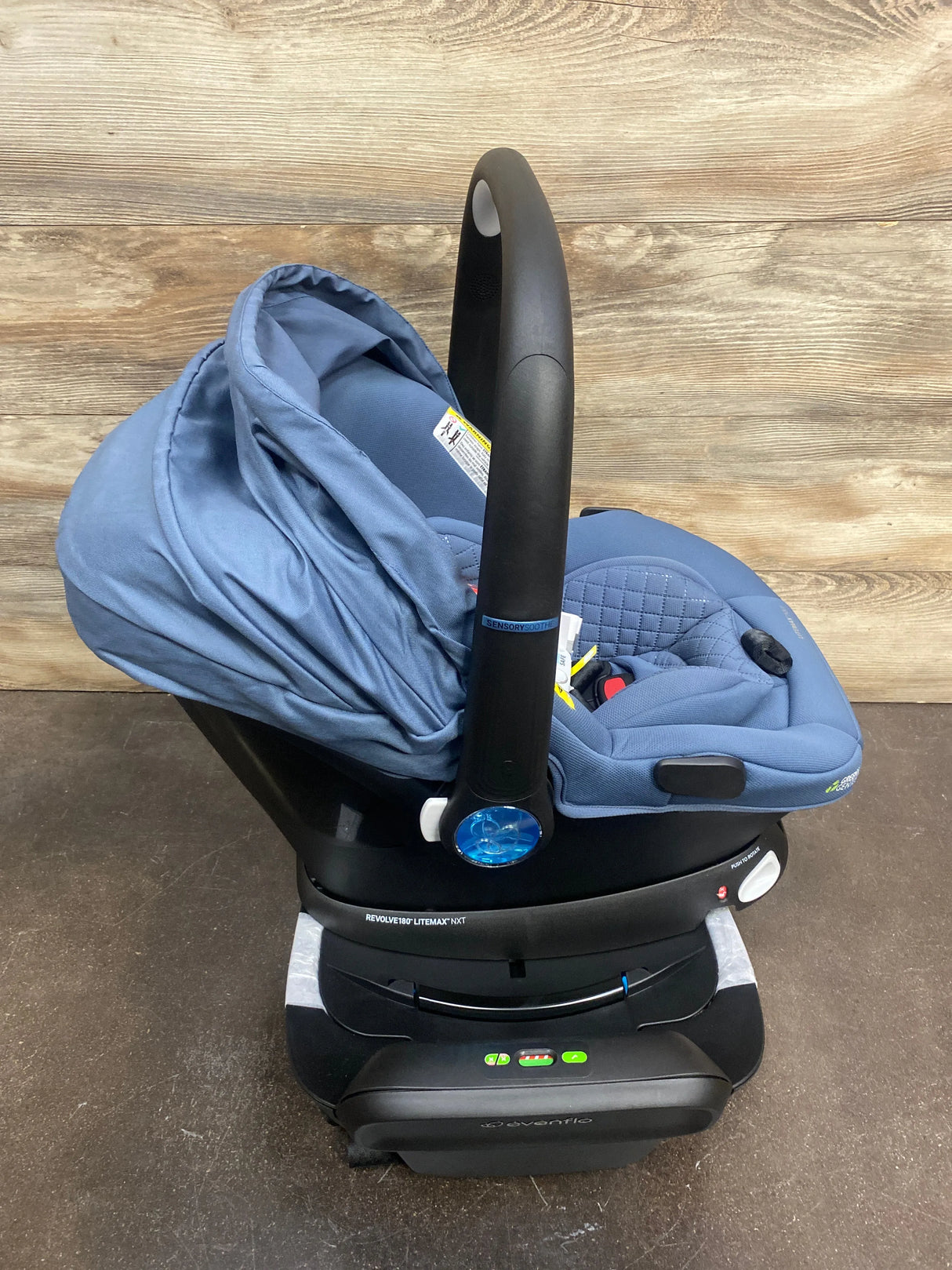 NEW Evenflo Revolve 180 LiteMax NXT Rotating Infant Car Seat with Sensory Soothe in Flint Blue 3-30lbs