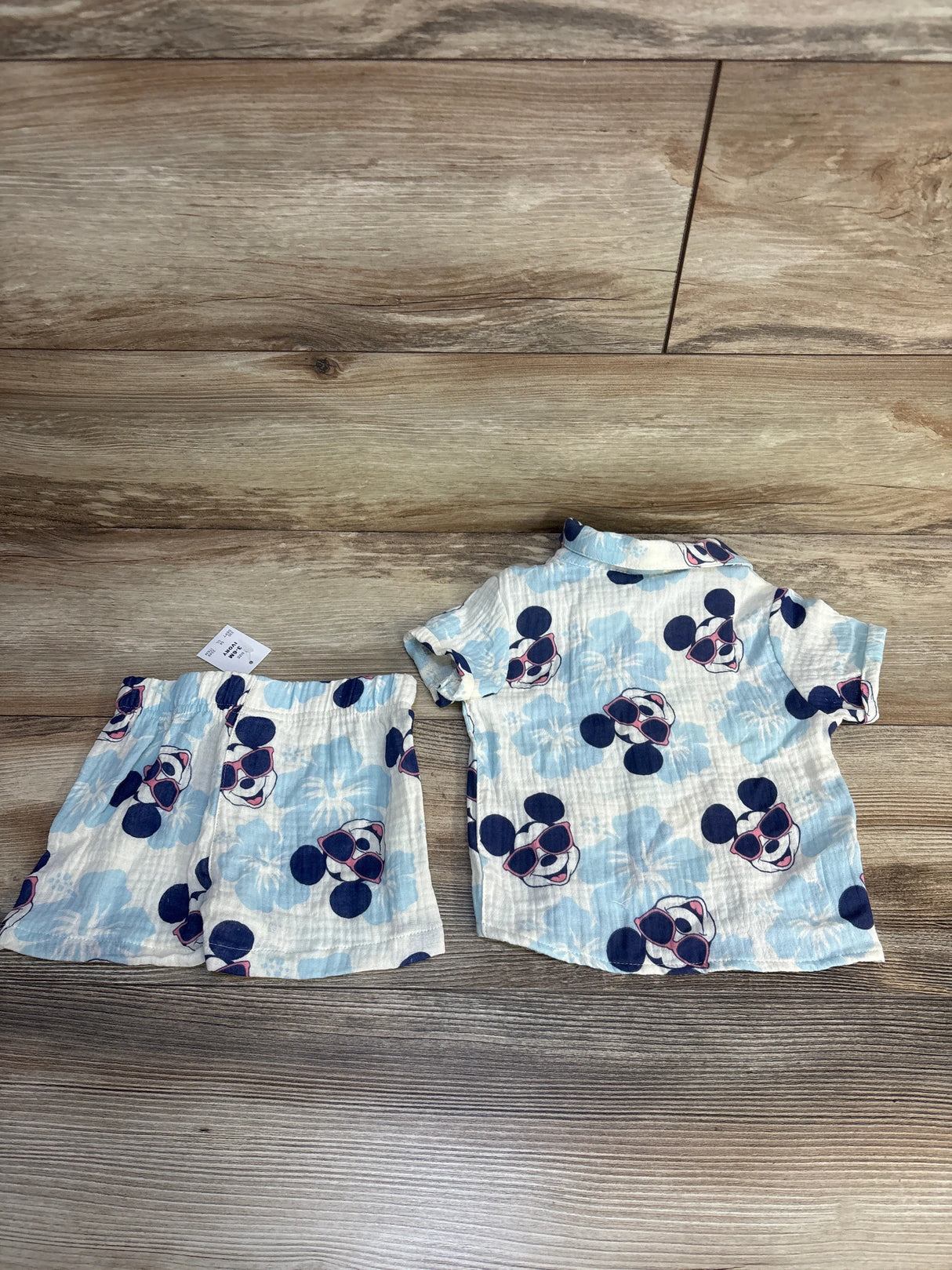Baby Mickey Mouse print shirt and shorts set, blue floral pattern, 3-6M size, kids clothing