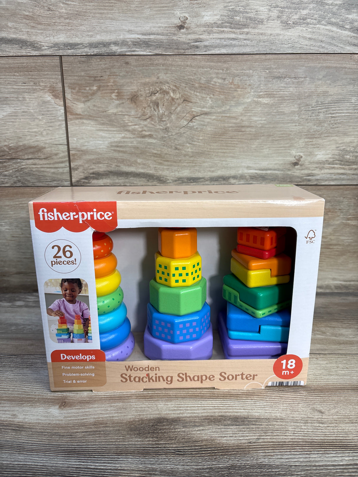 NEW Fisher Price Wooden Stacking Shape Sorter 26pc