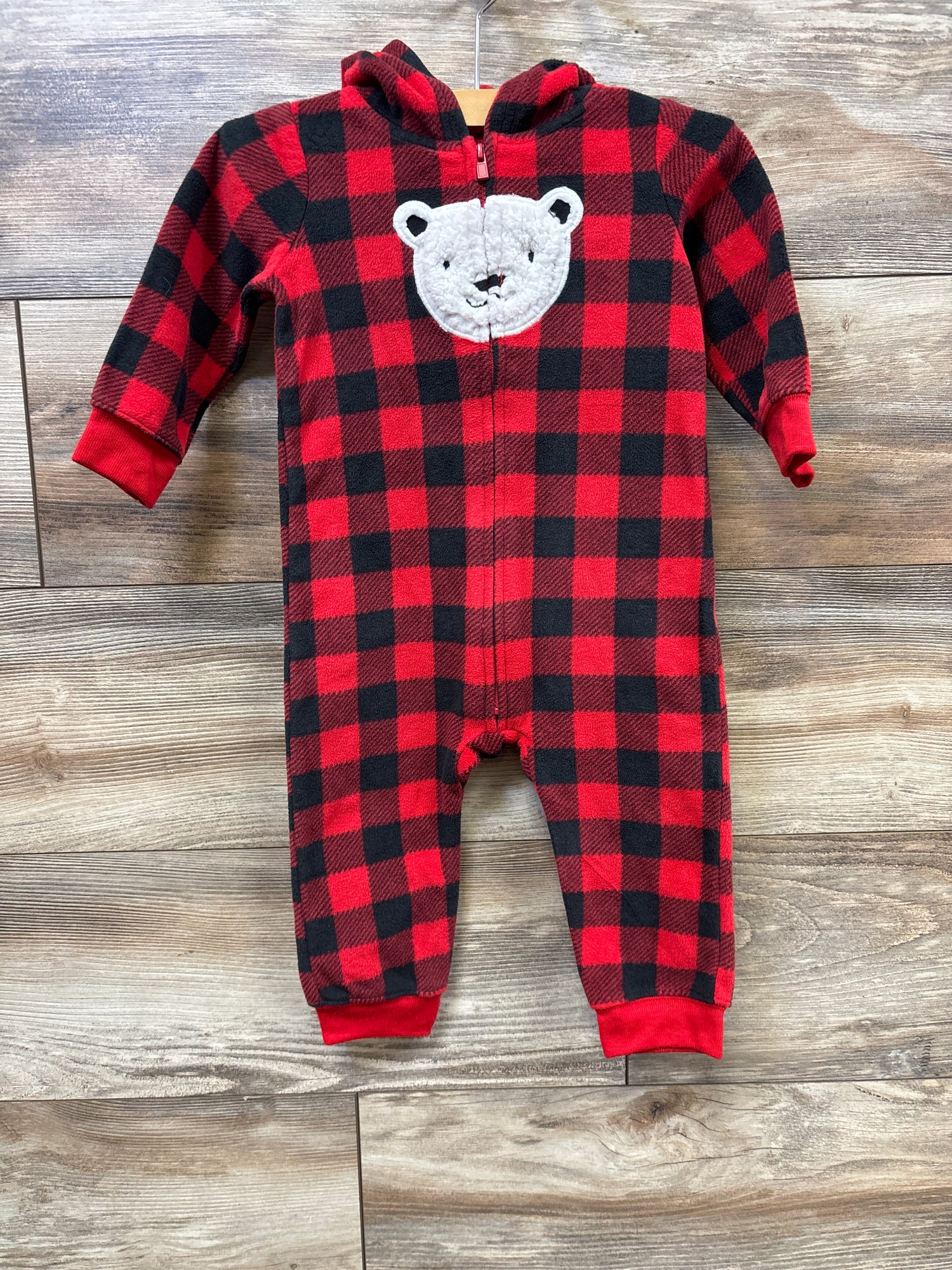 Just One You Bear Buffalo Plaid Hooded Coverall Red sz 12m