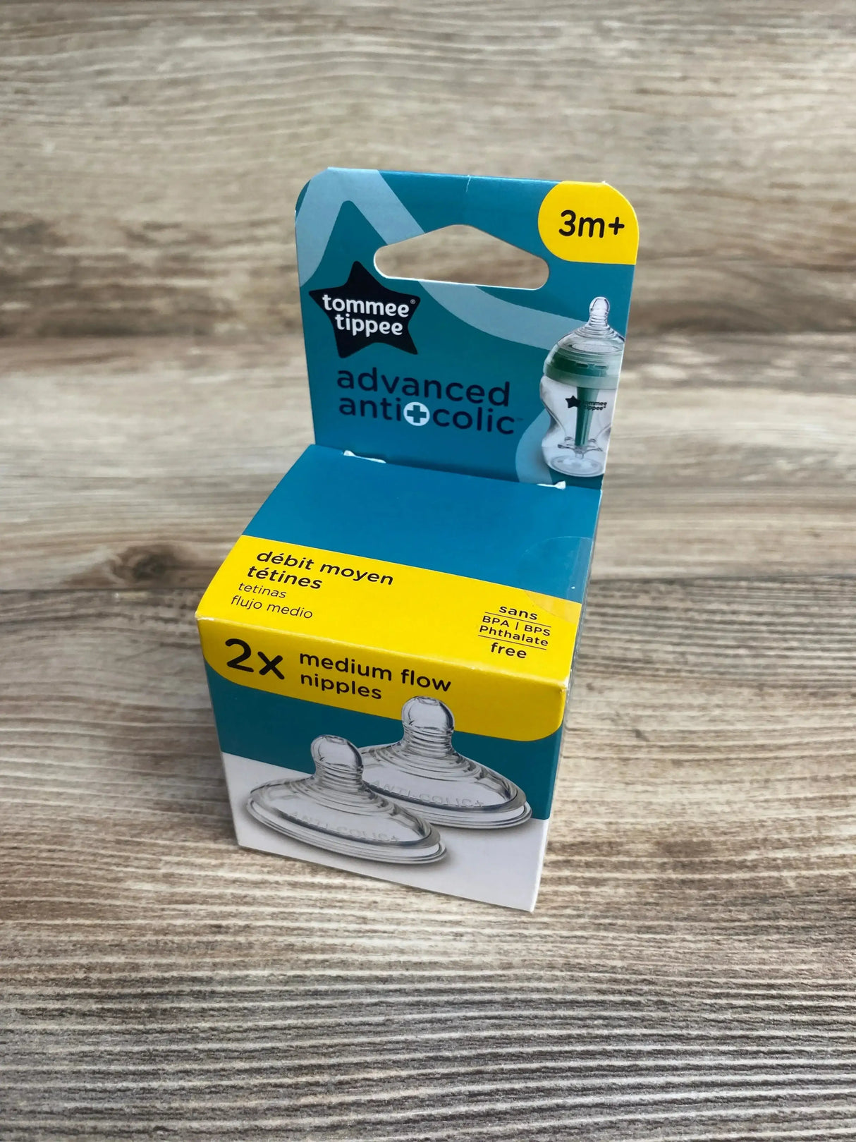 Front view of Tommee Tippee Advanced Anti Colic baby bottle nipples 2 pack showcasing vented anti colic valve and soft silicone nipple on white background