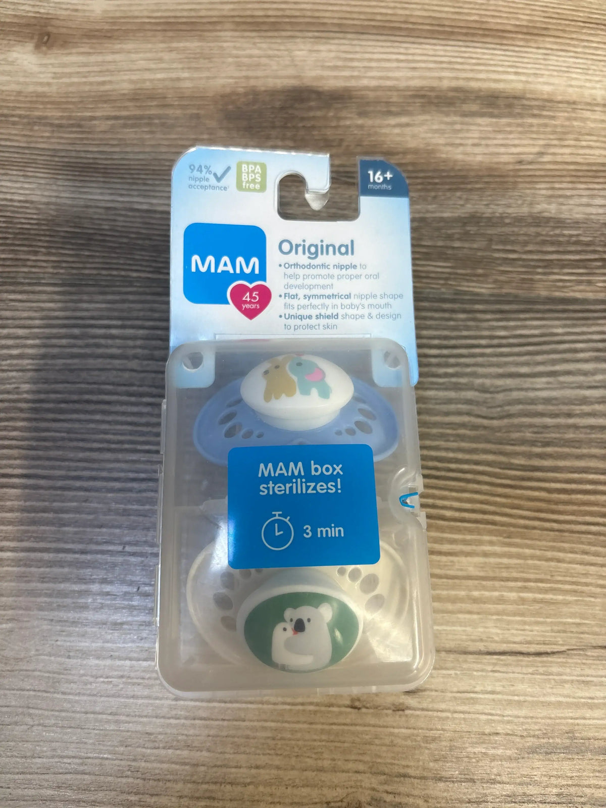 MAM Original orthodontic pacifiers for 16+ months, baby animal designs, BPA-free, in sterilizing box