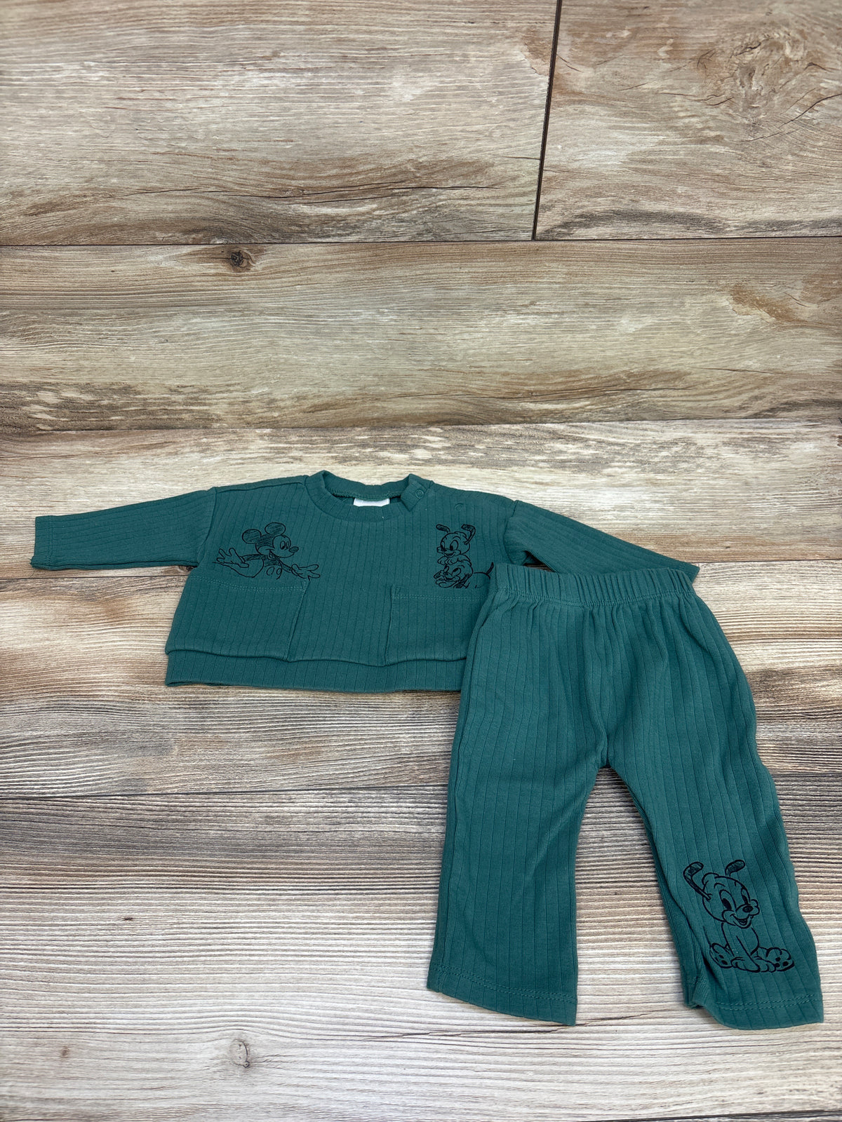 Disney Baby 2pc Mickey Mouse Ribbed Long Sleeve Shirt & Pants Set Green sz Newborn