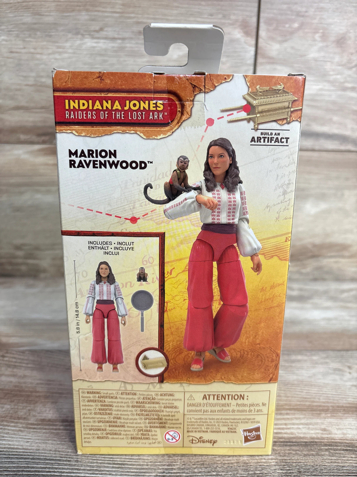Marion Ravenwood Raiders of the Lost Ark action figure box with monkey accessory, Disney Hasbro