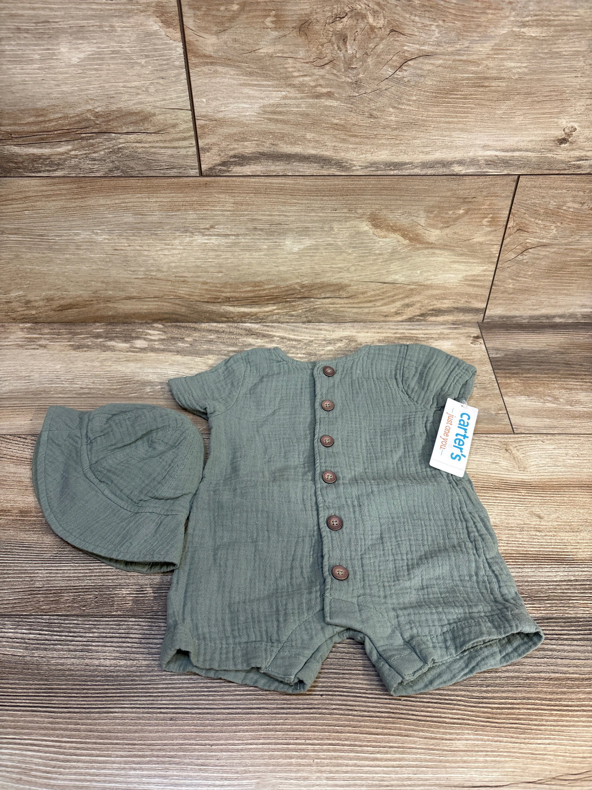 NEW Just One You Button-Up Romper & Hat 2pc Set Green sz 3m