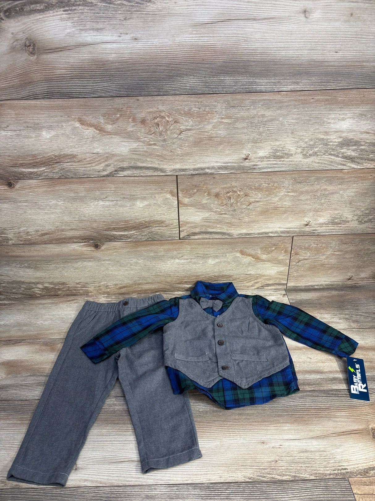 Baby Rebels 3pc Plaid Button Up Vest Set Blue sz 24m
