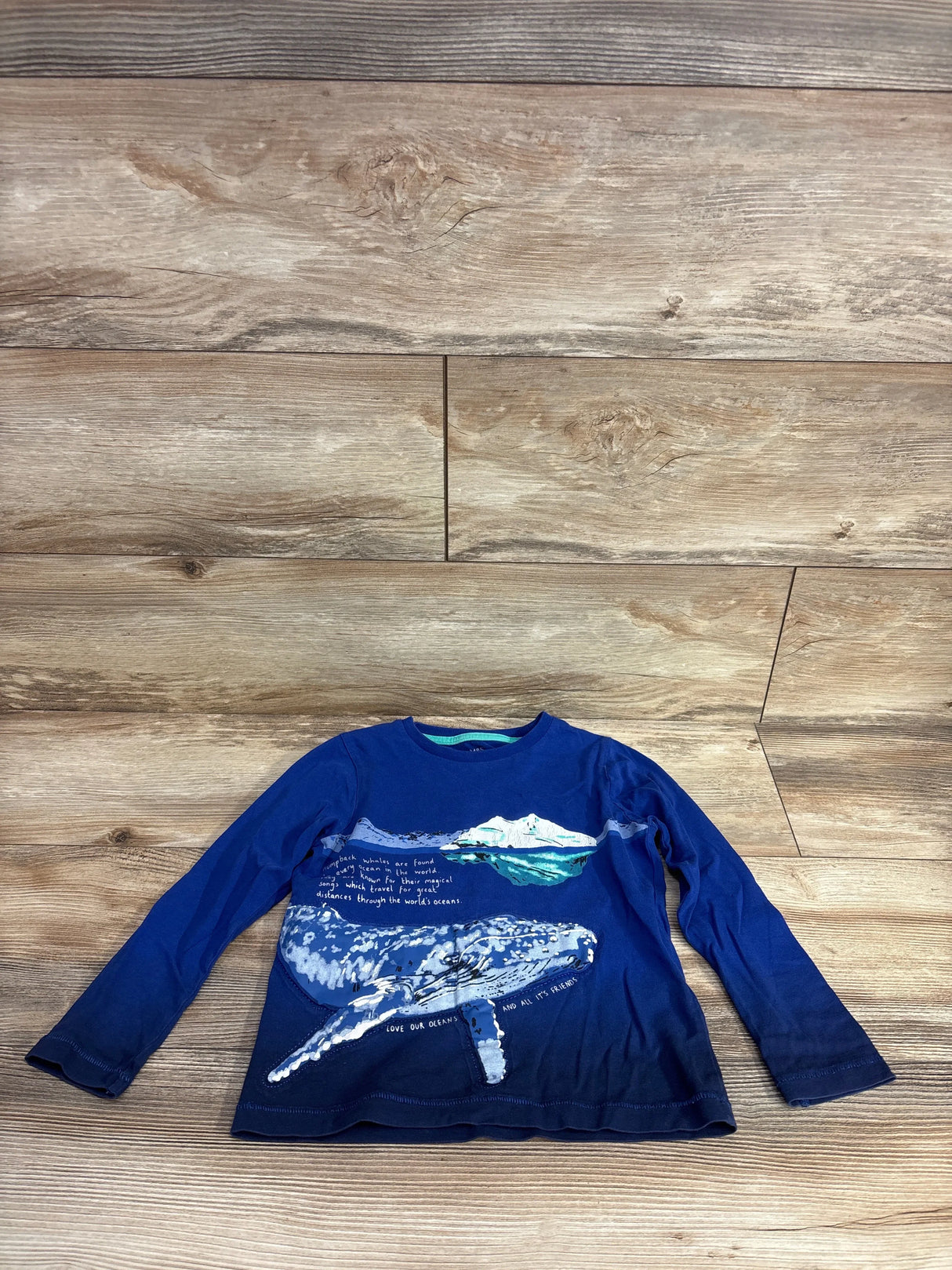 Blue long sleeve kids shirt with whale and iceberg ocean print on wooden floor