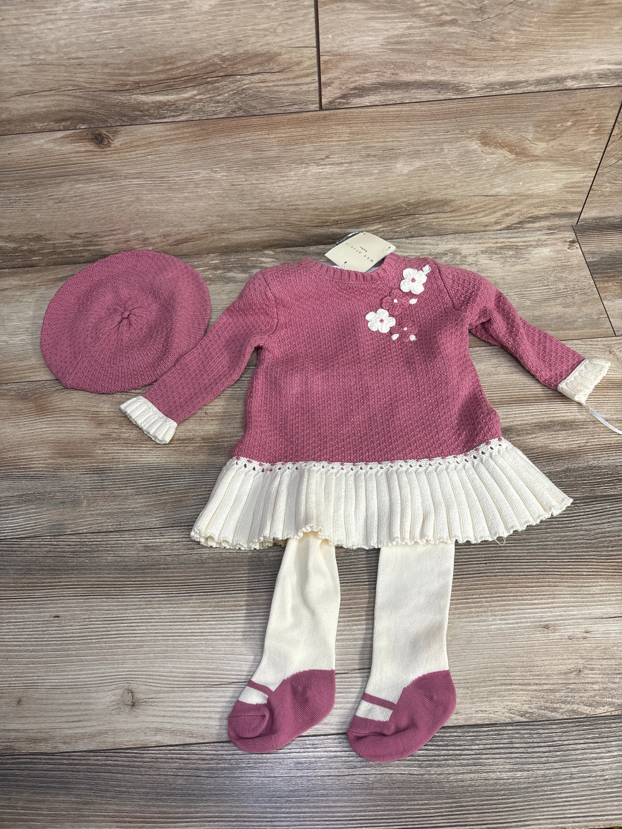 NEW Max Studio Baby 3pc Knitted Dress & Footed Stockings Pink sz 3-6m