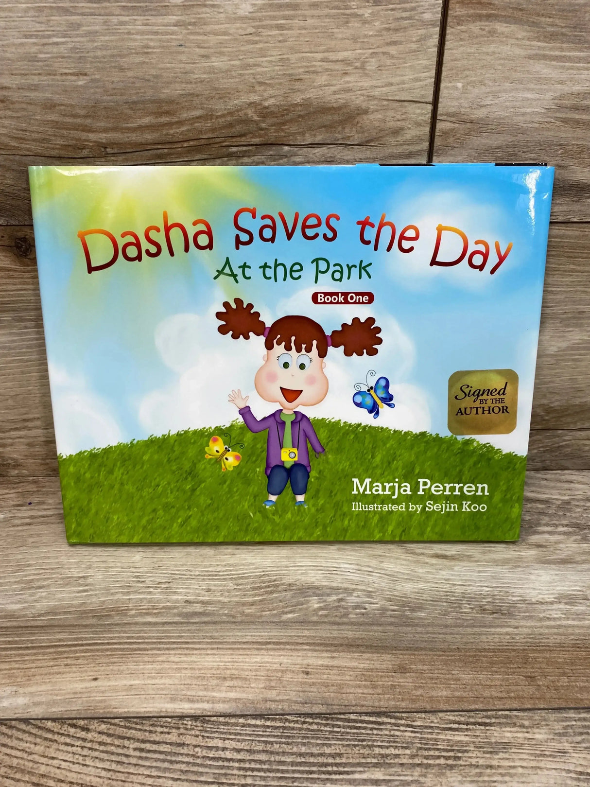 Front cover of Dasha Saves the Day: At the Park hardcover book showing illustrated Dasha at a playground on white background