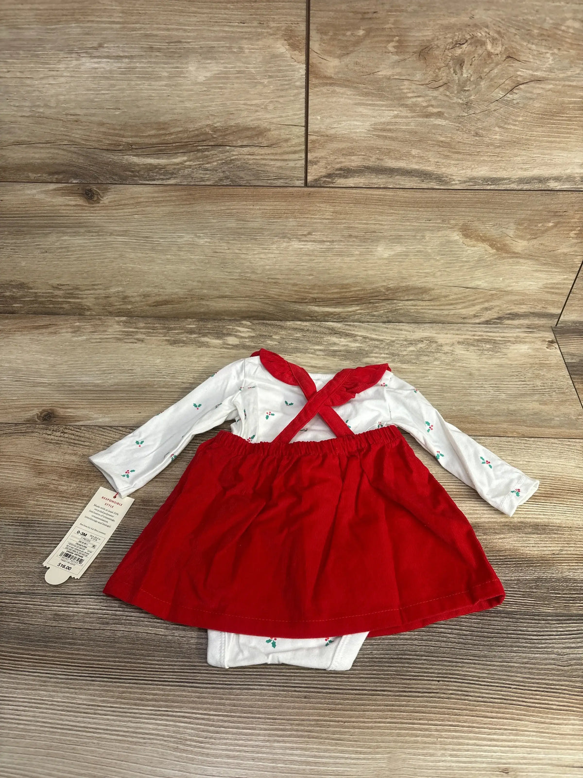 Red corduroy baby dress with white holly print top, 0-3M holiday outfit