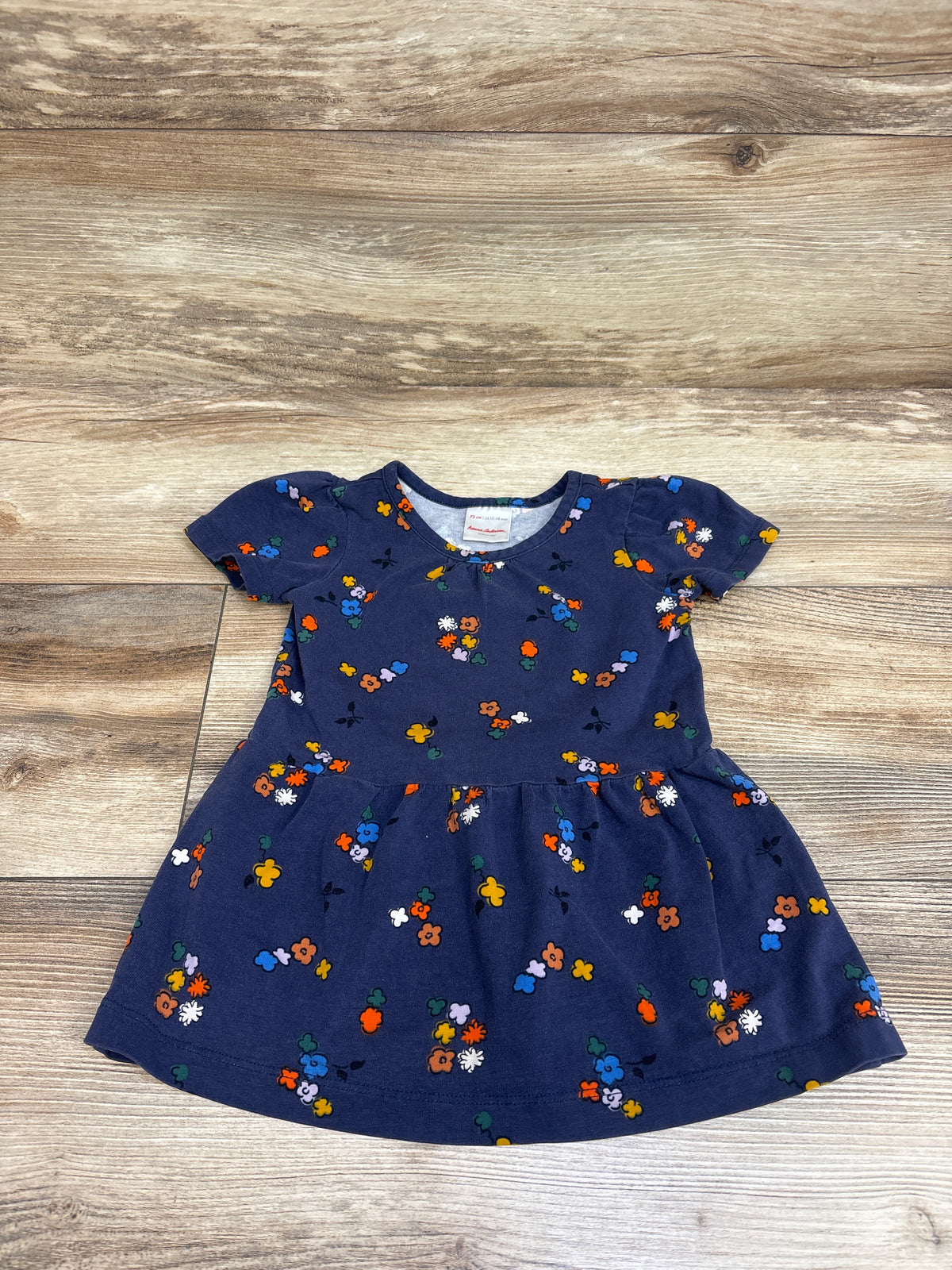 Front view of Hanna Andersson navy floral peplum dress with colorful floral print and gathered skirt on wood background