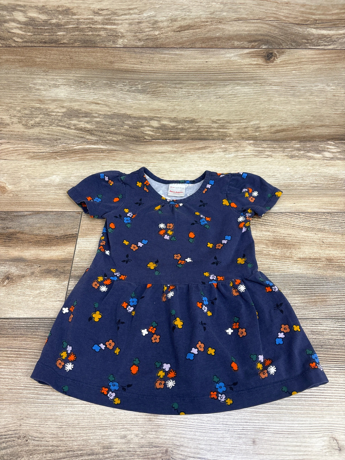 Front view of Hanna Andersson navy floral peplum dress with colorful floral print and gathered skirt on wood background