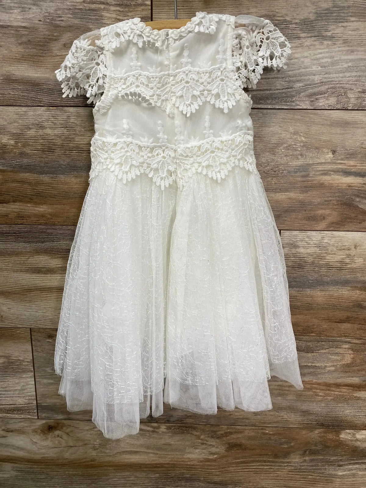 Back view of Trish Scully white lace dress 2T showing scalloped lace trim, puff sleeves, layered tulle on wood background