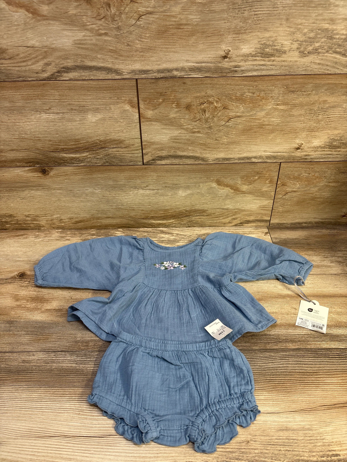 NEW Cloud Island 2pc Gauze Embroidered Peplum Top & Bloomers Set Blue sz 12m
