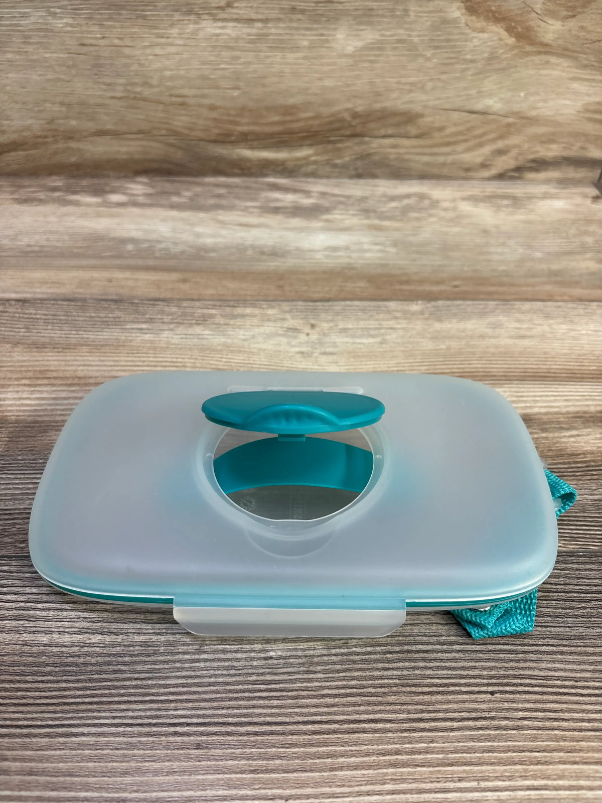 Skip Hop Grab & Go Snug Seal Wipes Case in light blue on a wood background